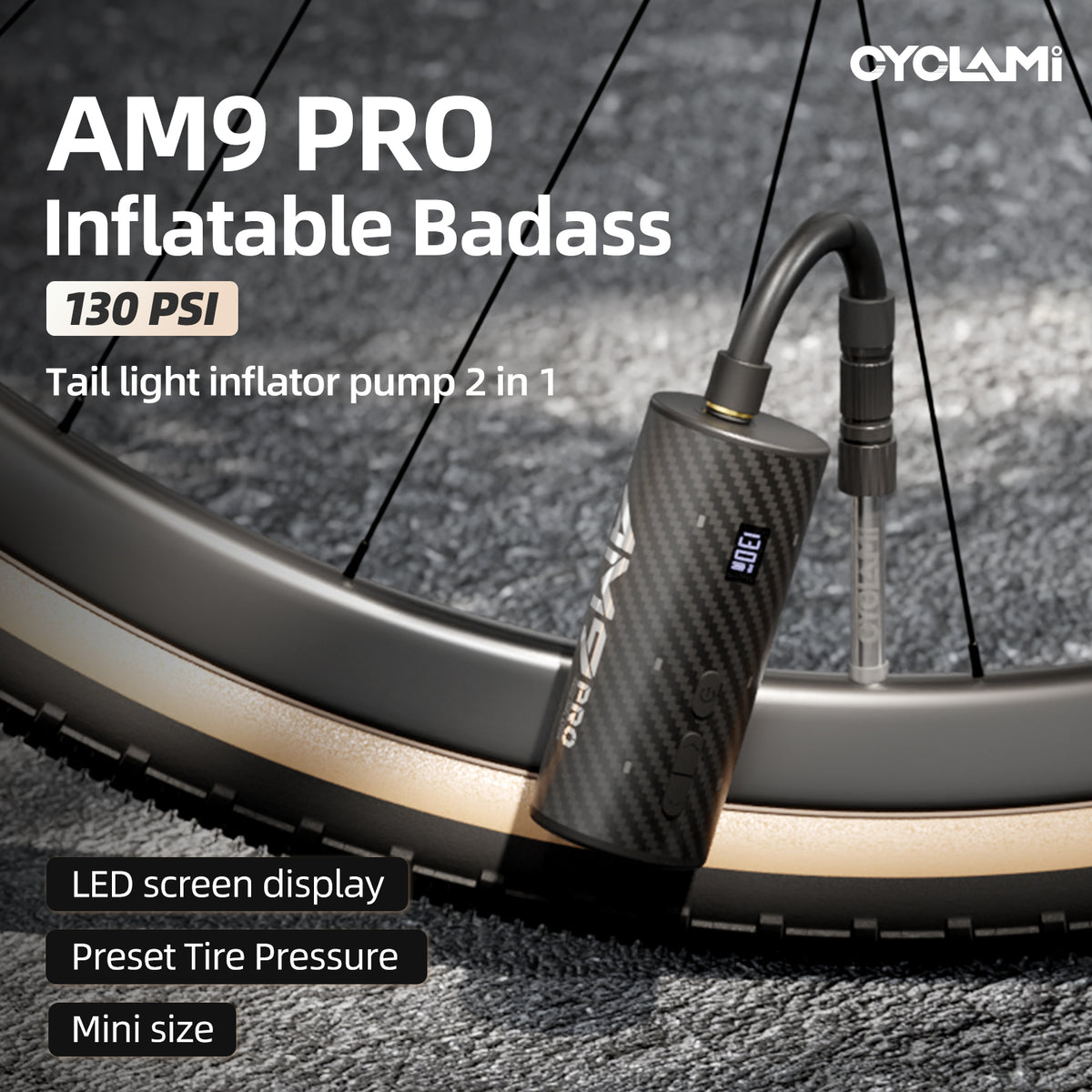 CYCLAMI AM9 PRO Mini Bomba de Aire Eléctrica Portátil, Compresor Recargable de 130 PSI, Inflador de Neumáticos para Bicicleta, Motocicleta